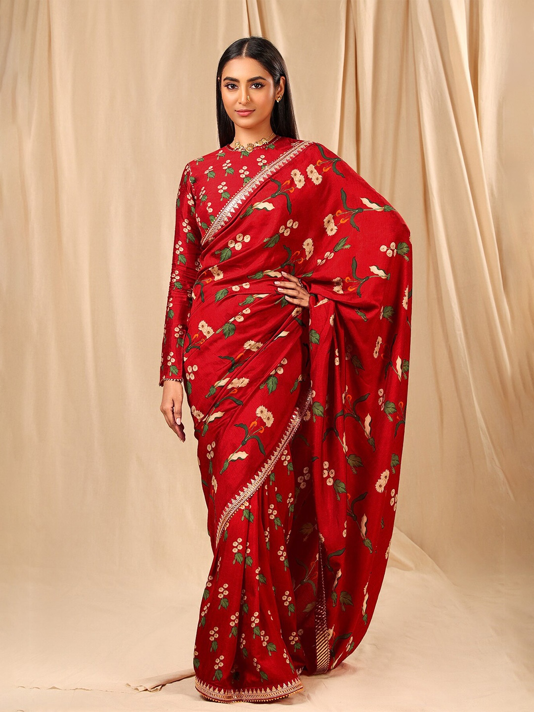 

Masaba Red & Beige Floral Pure Silk Saree