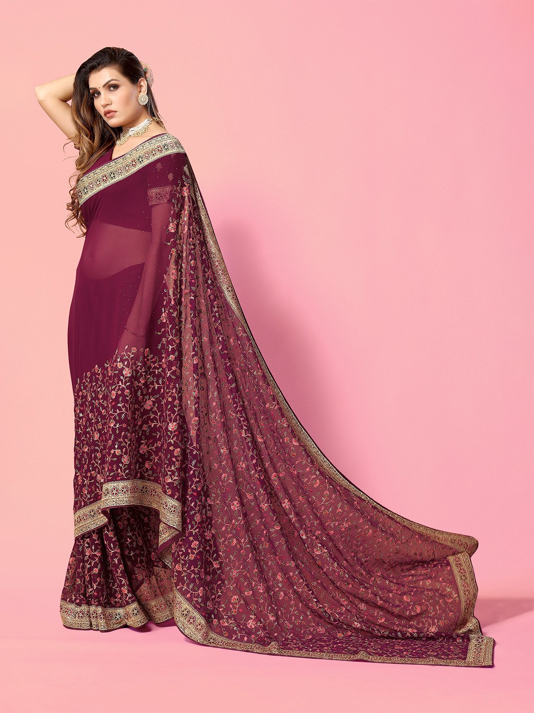 

Mitera Maroon & White Floral Embroidered Saree