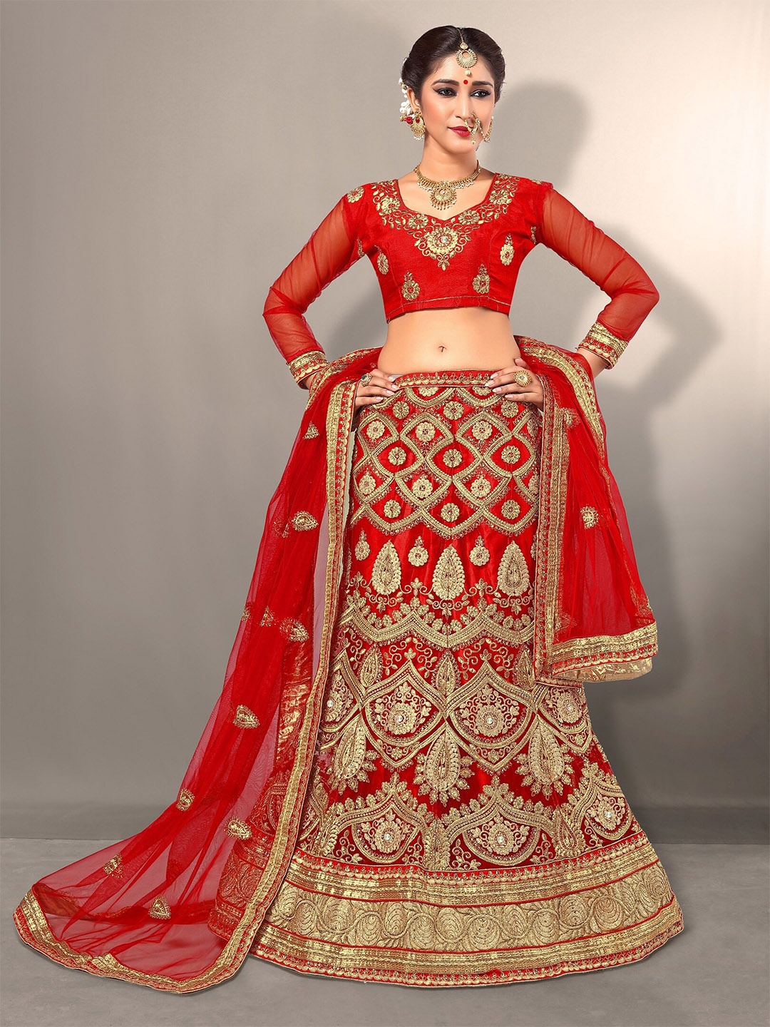 

Sarvayog Fashion Red & Gold-Toned Embroidered Semi-Stitched Lehenga & Unstitched Blouse With Dupatta