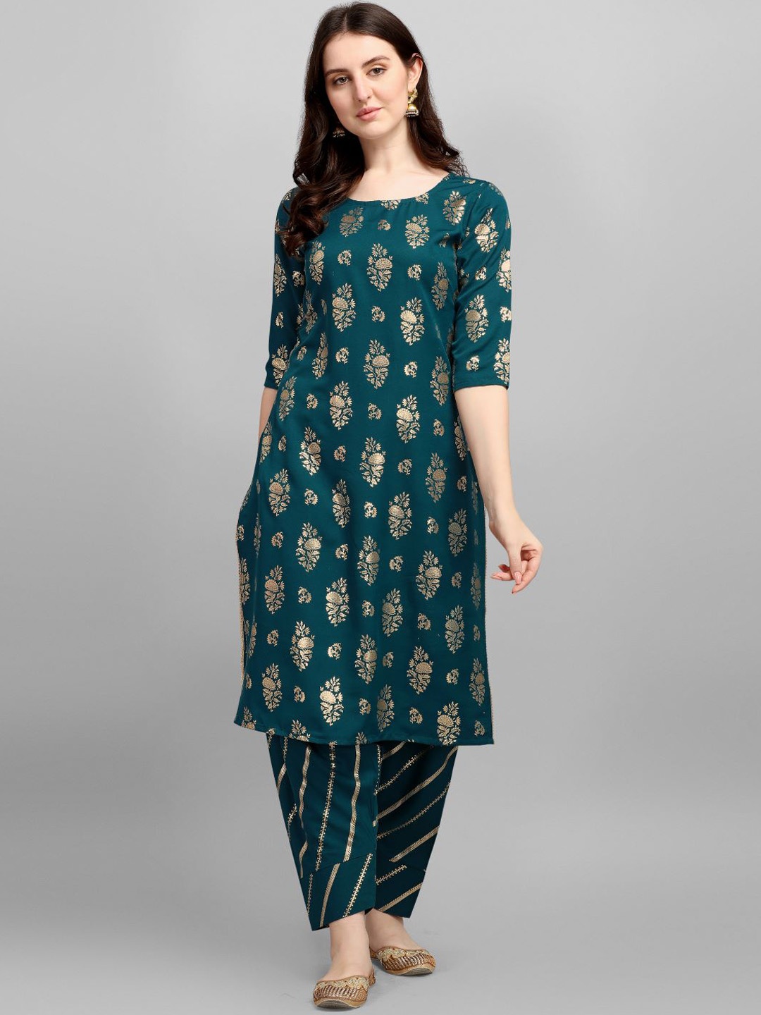 

GUFRINA Floral Printed Round Neck Kurta with Salwar, Teal