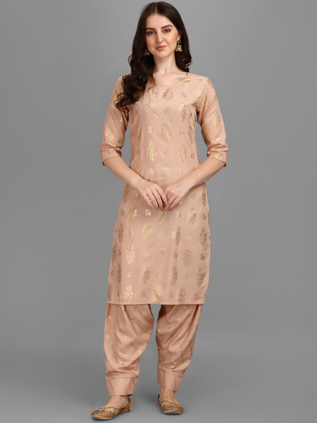 

GUFRINA Floral Printed Round Neck Kurta with Salwar, Beige