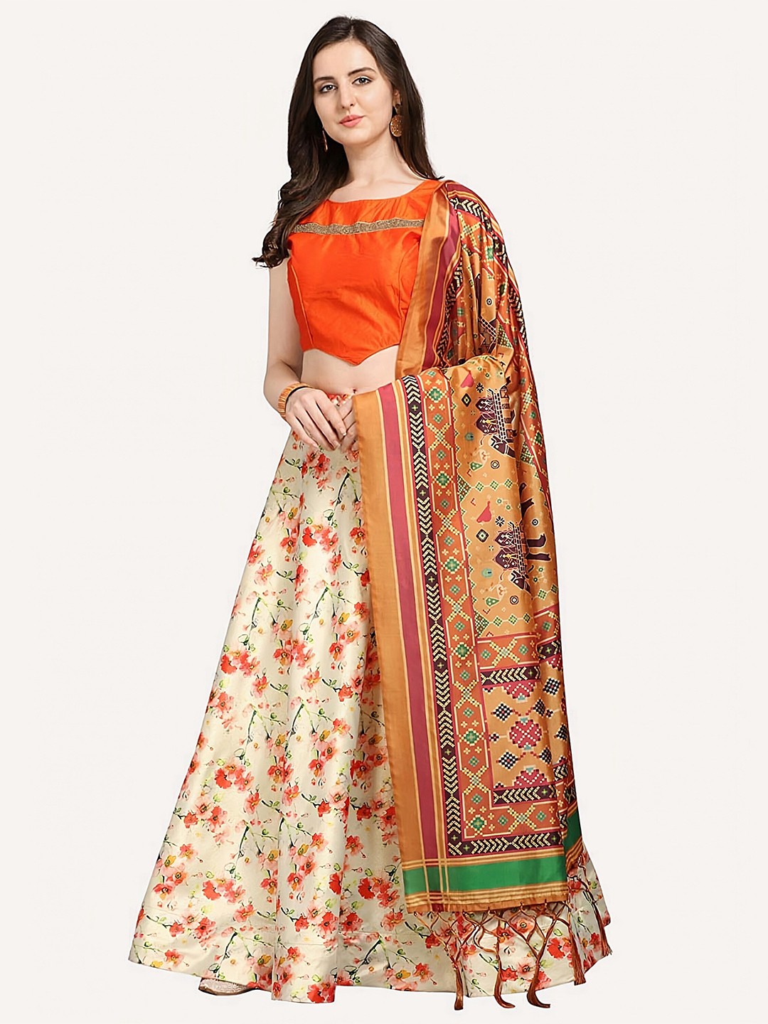 

Kaizen TEXO FAB Orange & Cream-Coloured Printed Semi-Stitched Lehenga & Unstitched Blouse With Dupatta