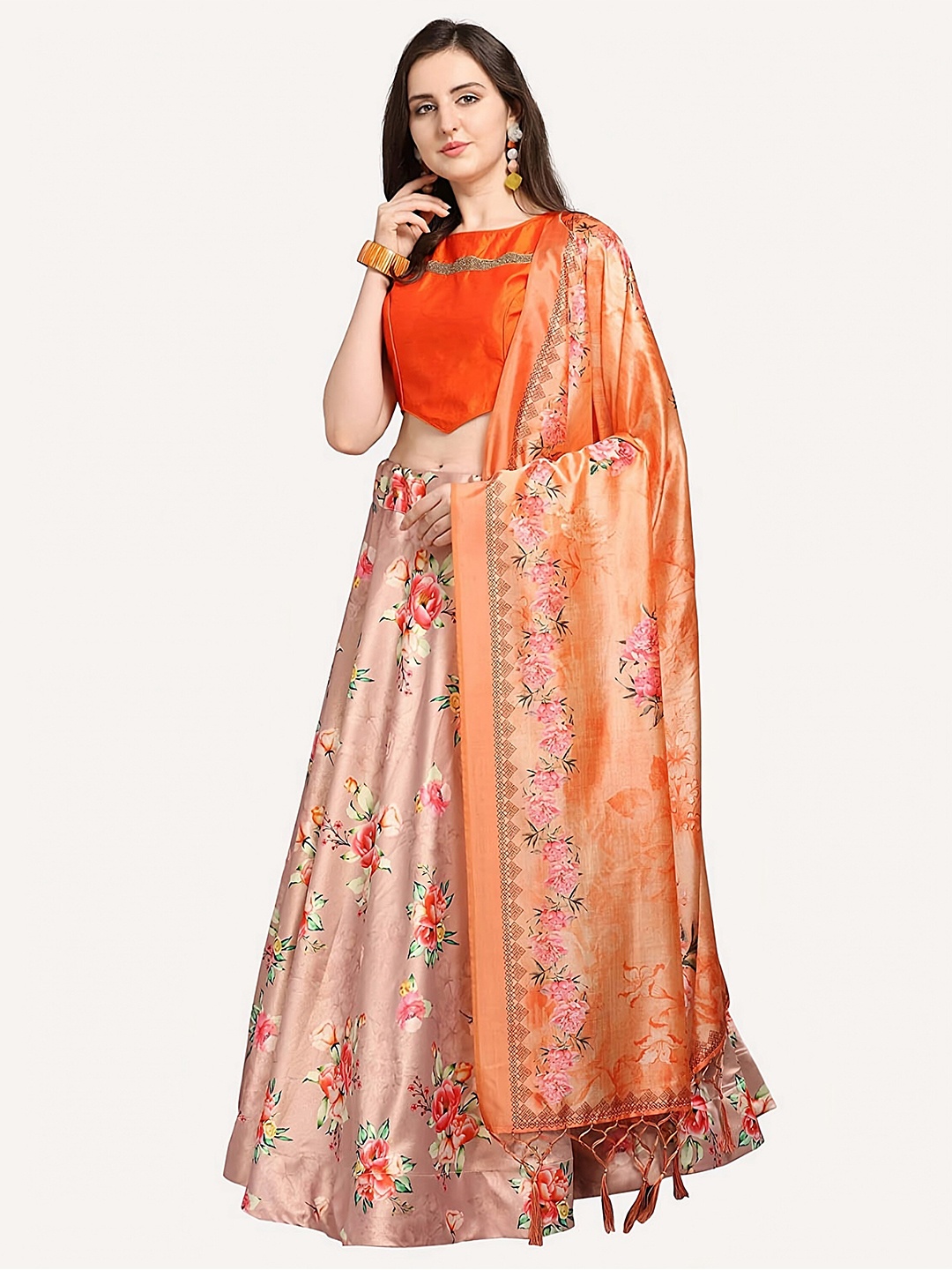 

Kaizen TEXO FAB Brown & Orange Printed Semi-Stitched Lehenga & Unstitched Blouse With Dupatta