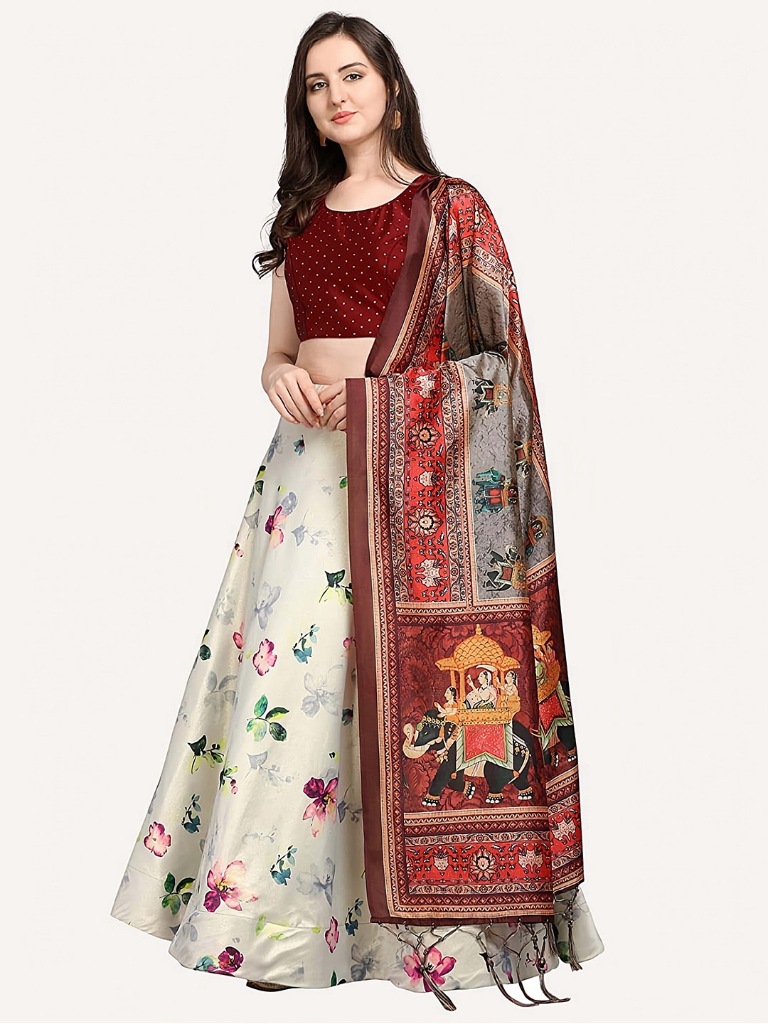 

Kaizen TEXO FAB Off White & Maroon Printed Semi-Stitched Lehenga & Unstitched Blouse With Dupatta