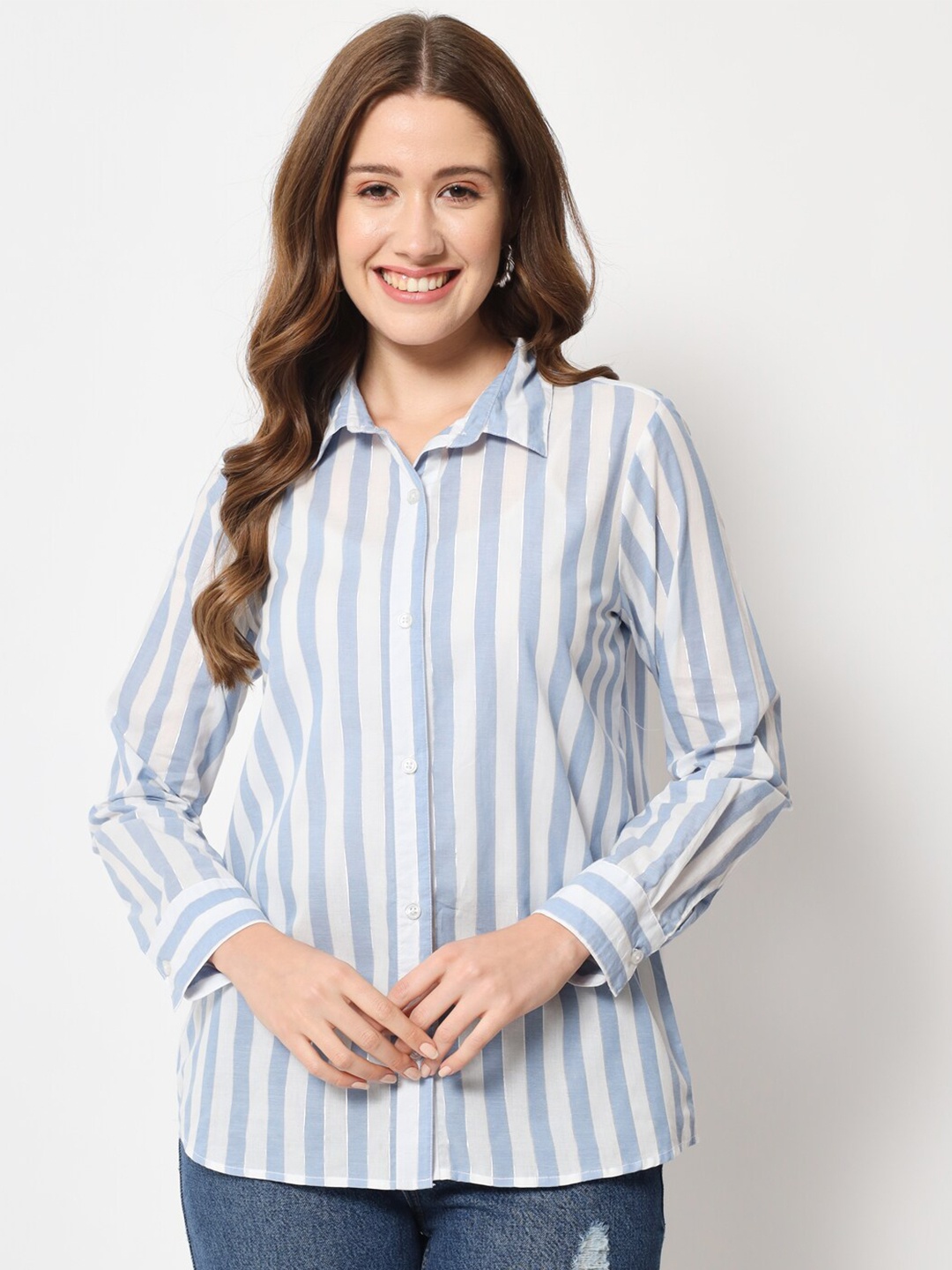 

CHARMGAL Women Blue Classic Striped Casual Shirt