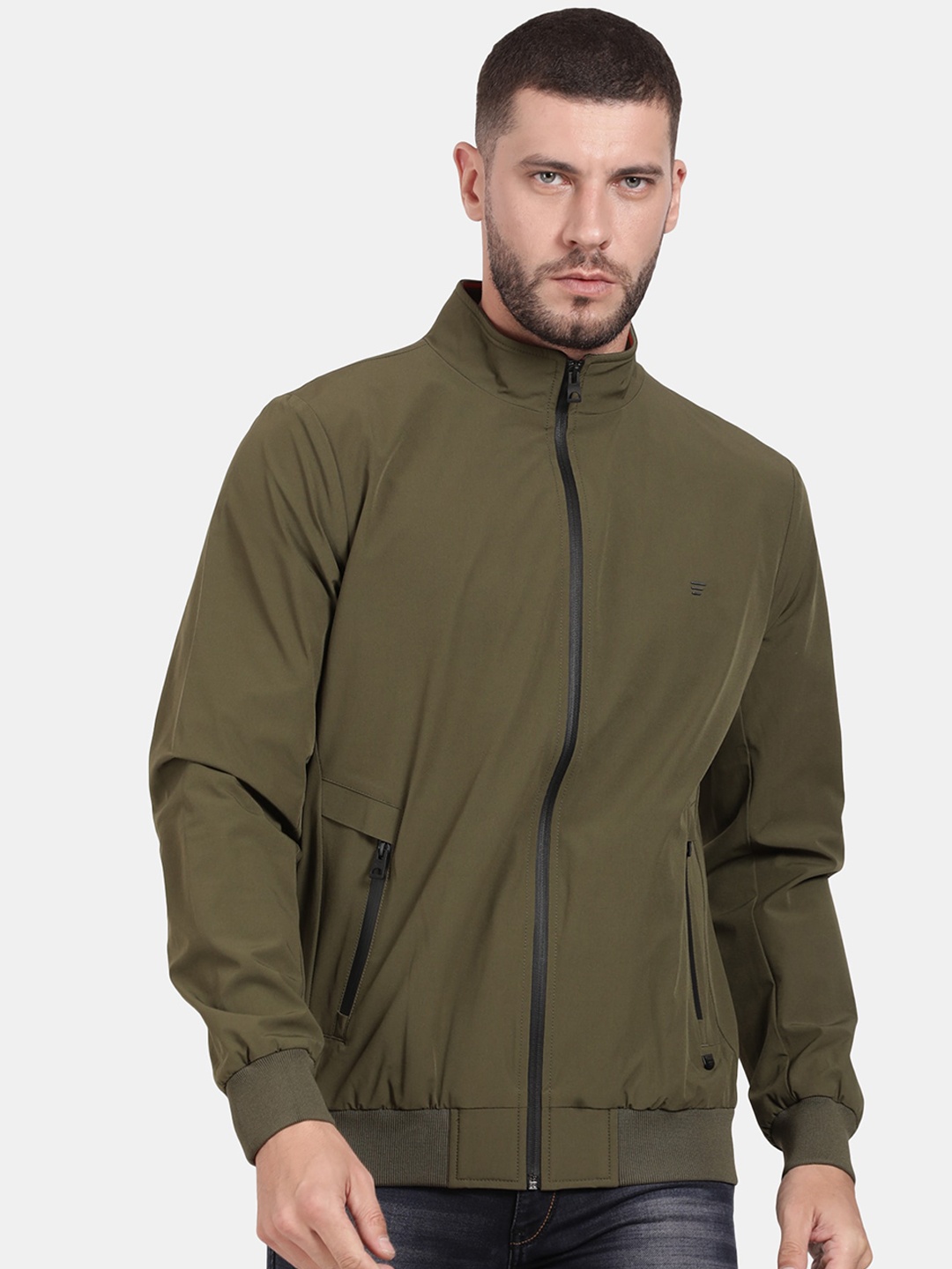 

t-base Men Solid Windcheater Bomber Jacket, Olive
