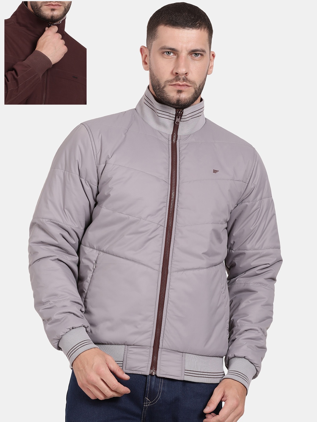 

t-base Men Solid Reversible Bomber Jacket, Grey