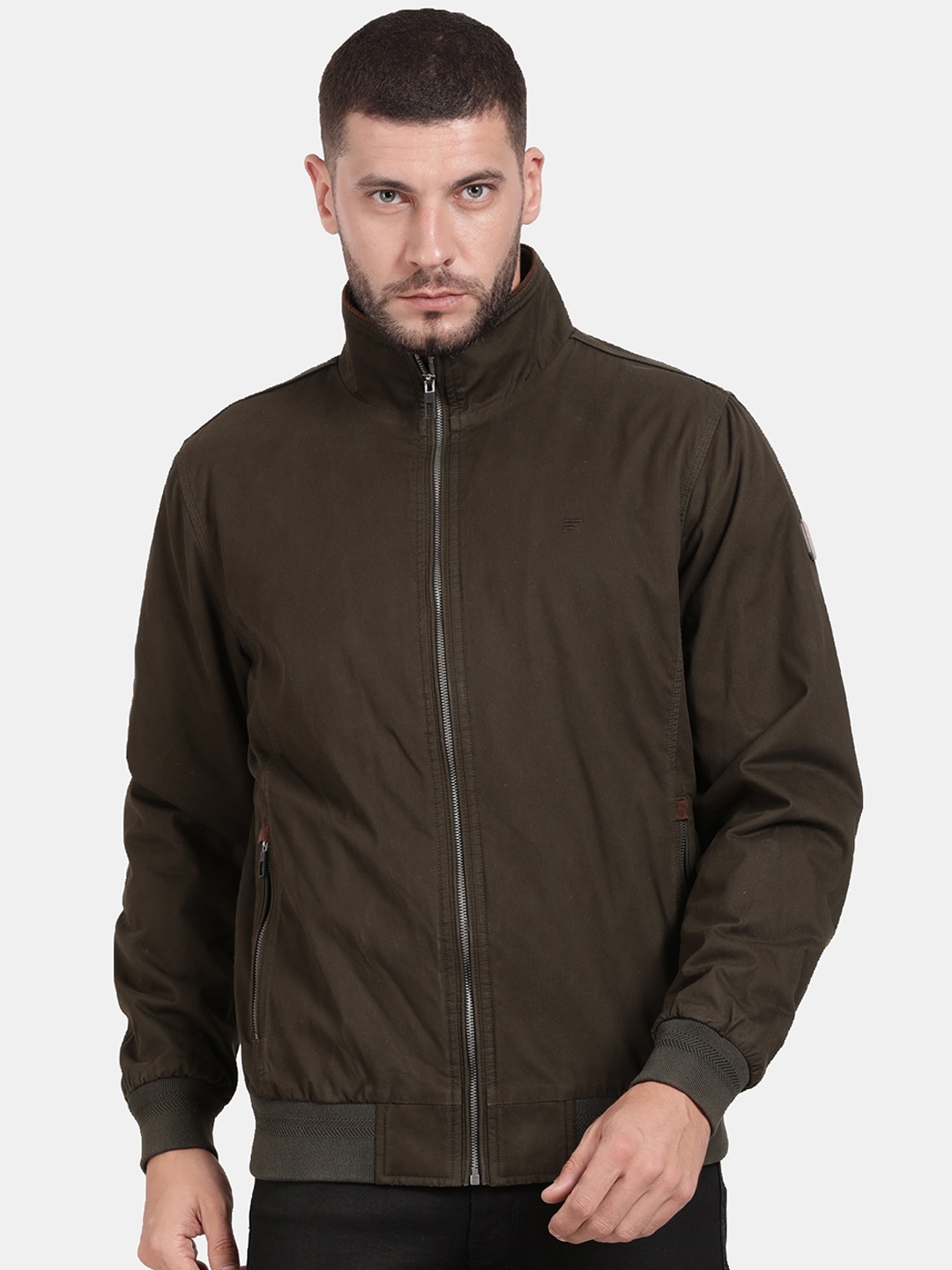 

t-base Men Solid Cotton Long Sleeves Bomber Jacket, Olive