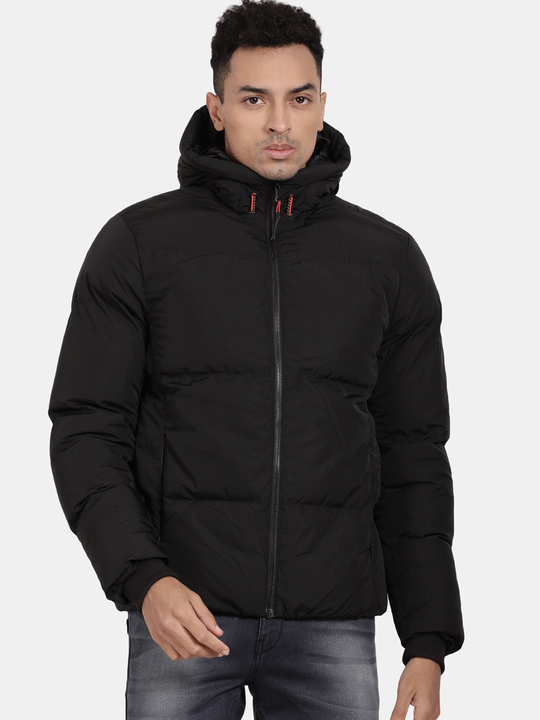 

t-base Men Solid Nylon Hooded Puffer Jacket, Black
