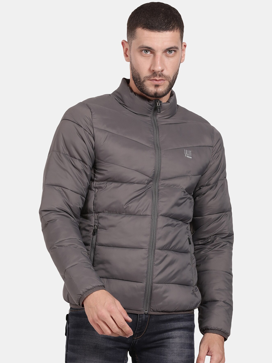 

t-base Men Solid Nylon Windcheater Padded Jacket, Charcoal
