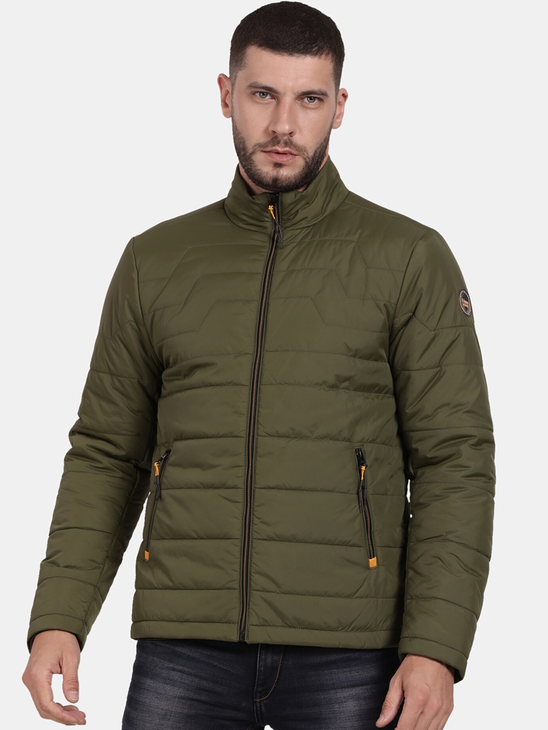 

t-base Men Solid Nylon Long Sleeves Windcheater Padded Jacket, Olive