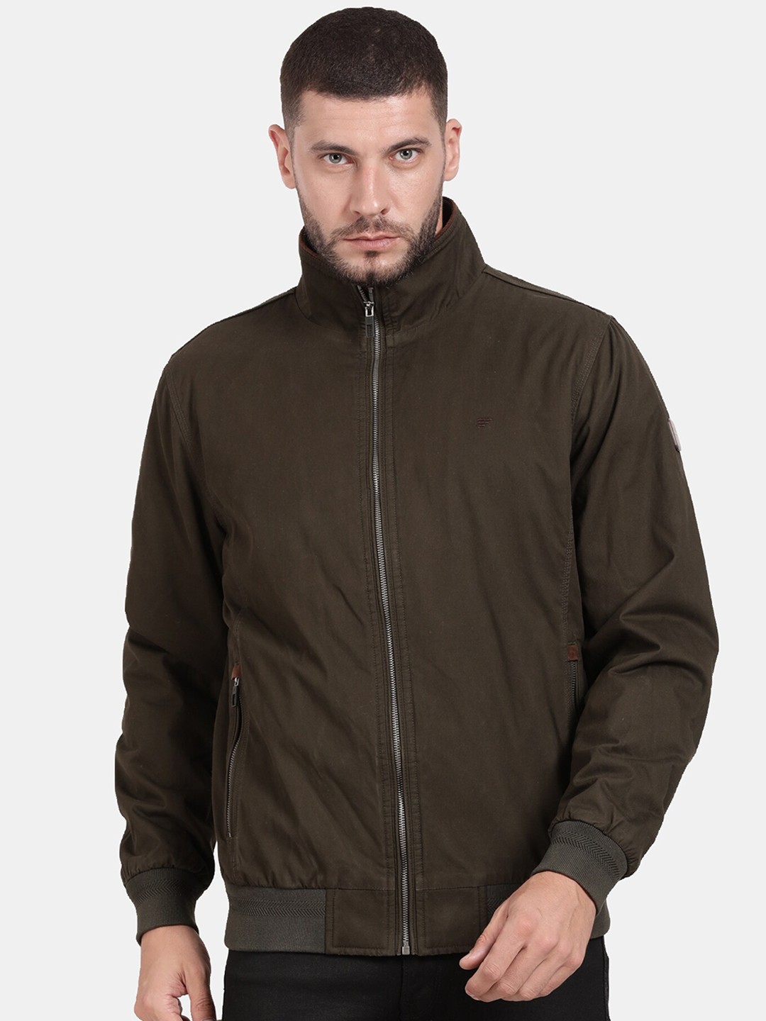 

t-base Men Solid Cotton Long Sleeves Bomber Jacket, Olive