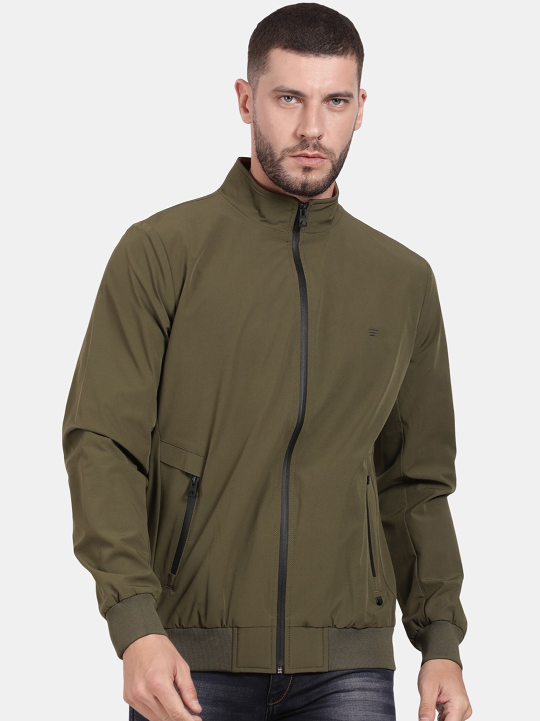 

t-base Men Solid Nylon Long Sleeves Bomber Jacket, Olive