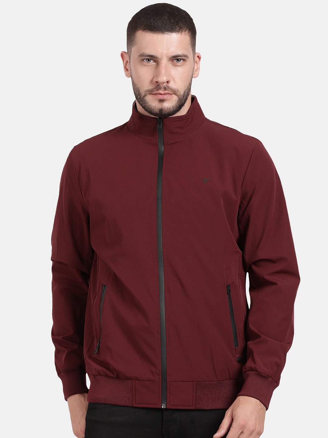 

t-base Men Solid Windcheater Bomber Jacket, Burgundy