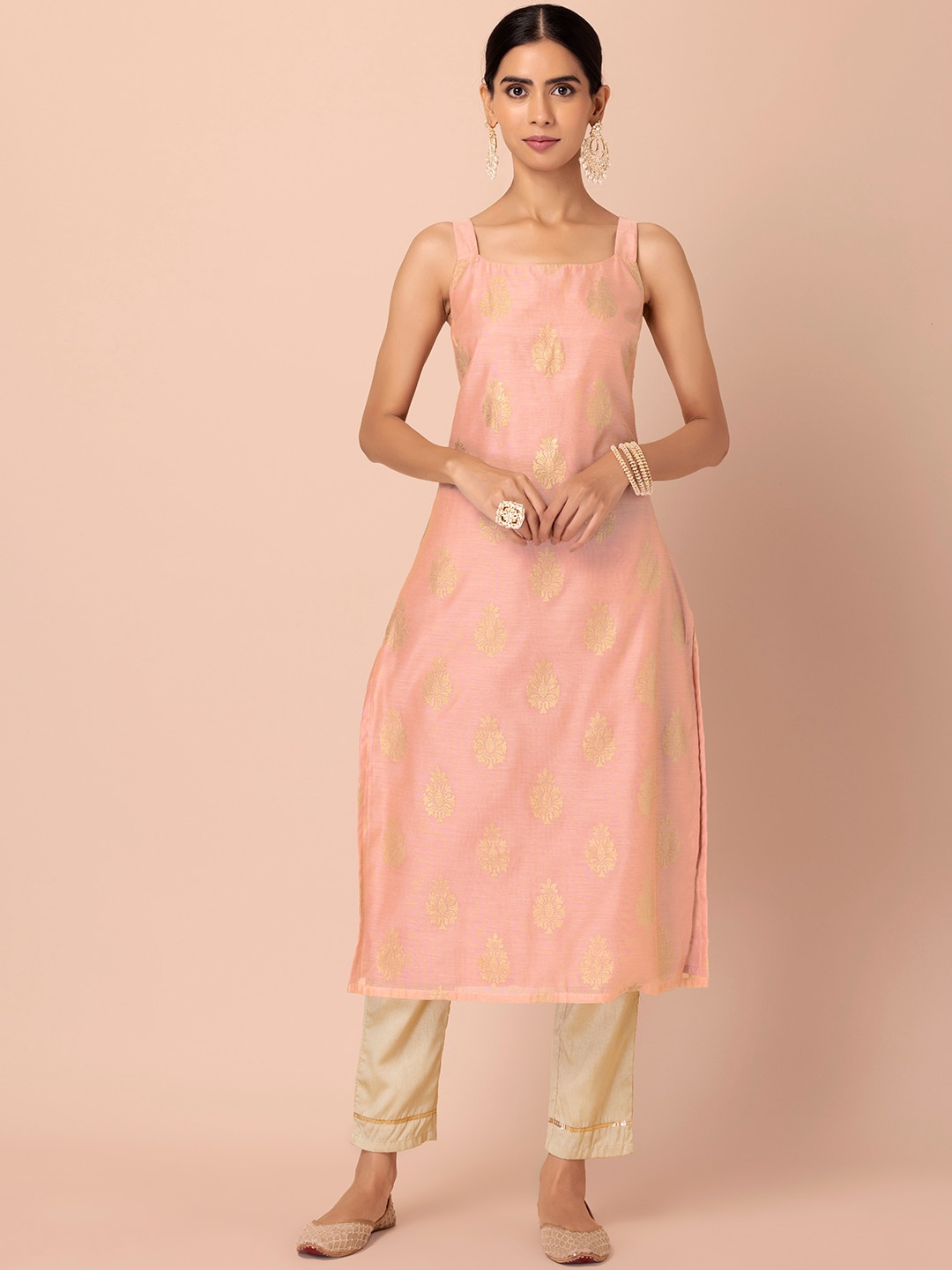 

INDYA Women Woven Design Sleeveless A-Line Kurta, Pink