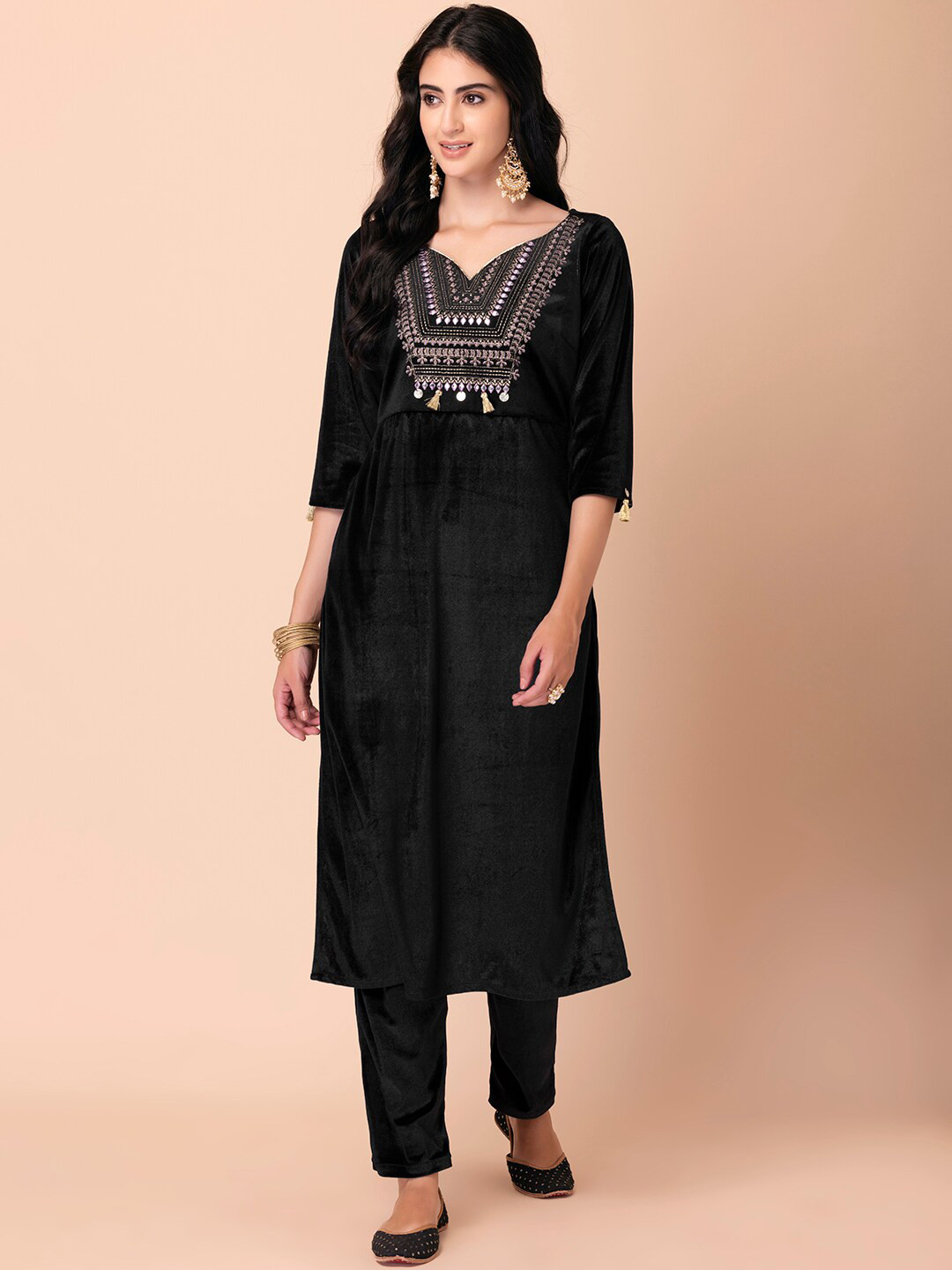 

Rang by Indya Ethnic Motifs Embroidered Flared Sleeves A-Line Kurta, Black