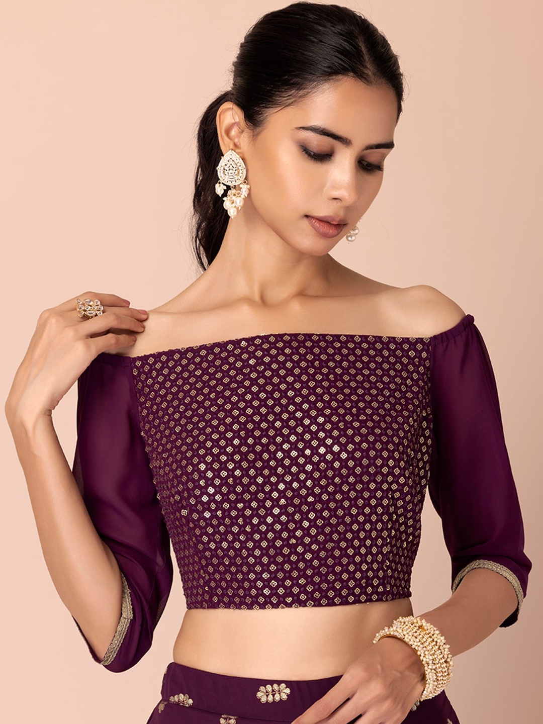 

INDYA Floral Embroidered Off-Shoulder Georgette Bardot Crop Top, Purple
