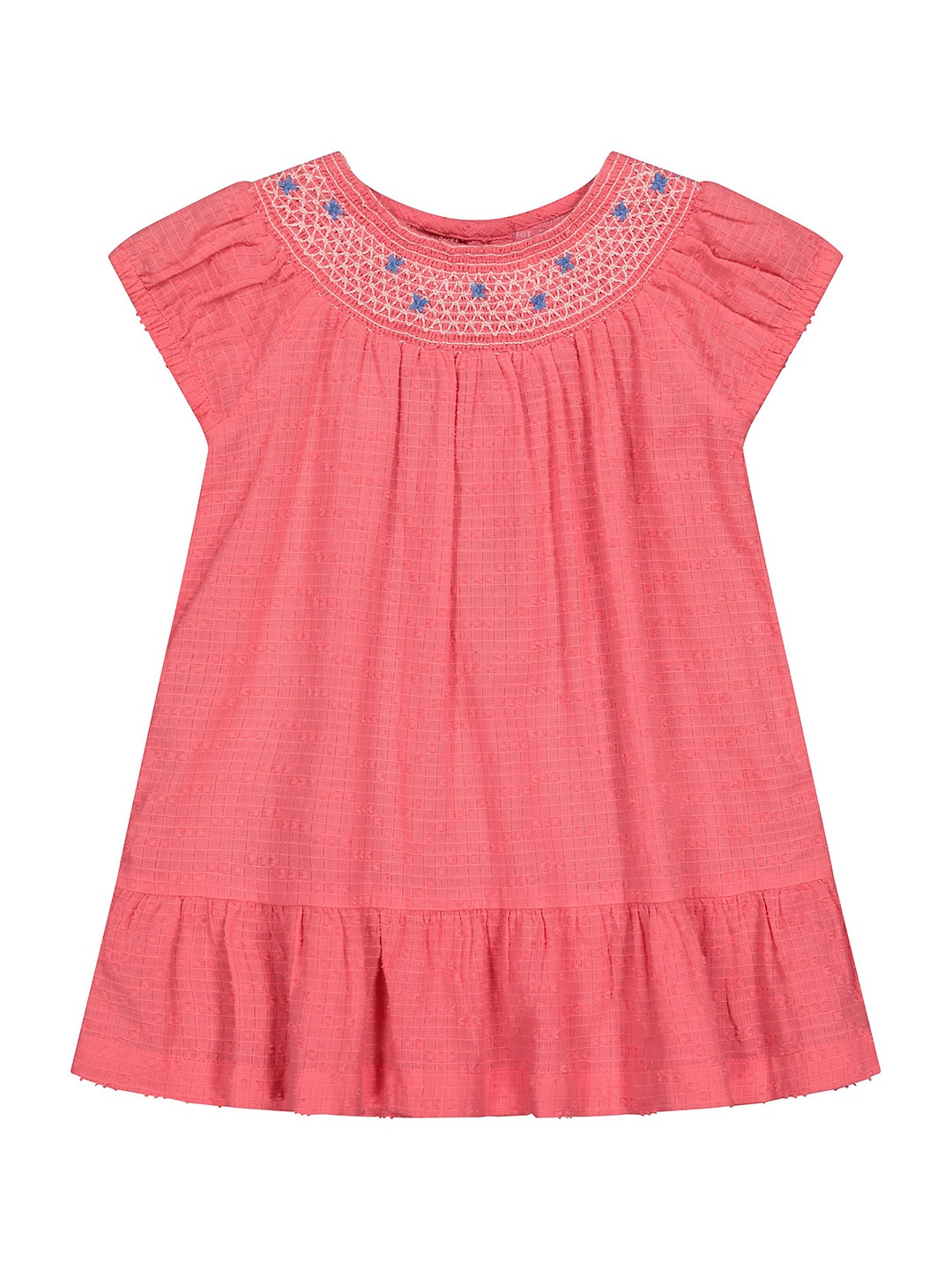 

mothercare Flounce Self Design Cap Sleeves Cotton A-Line Dress, Peach