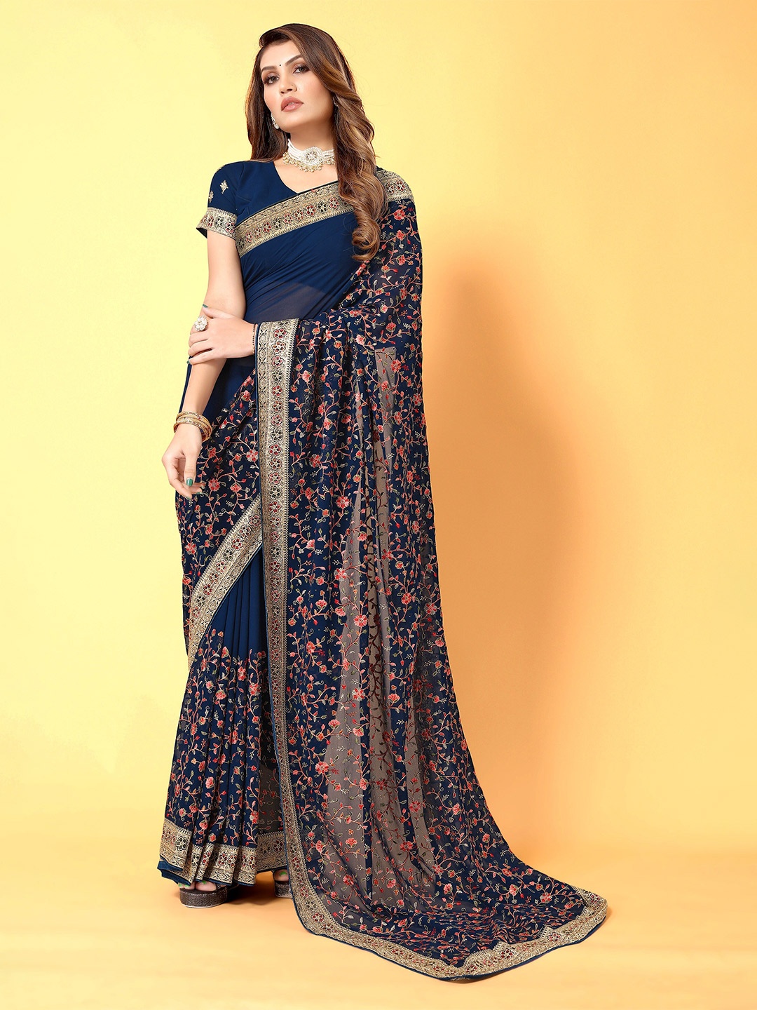 

all about you Floral Embroidered Saree, Navy blue