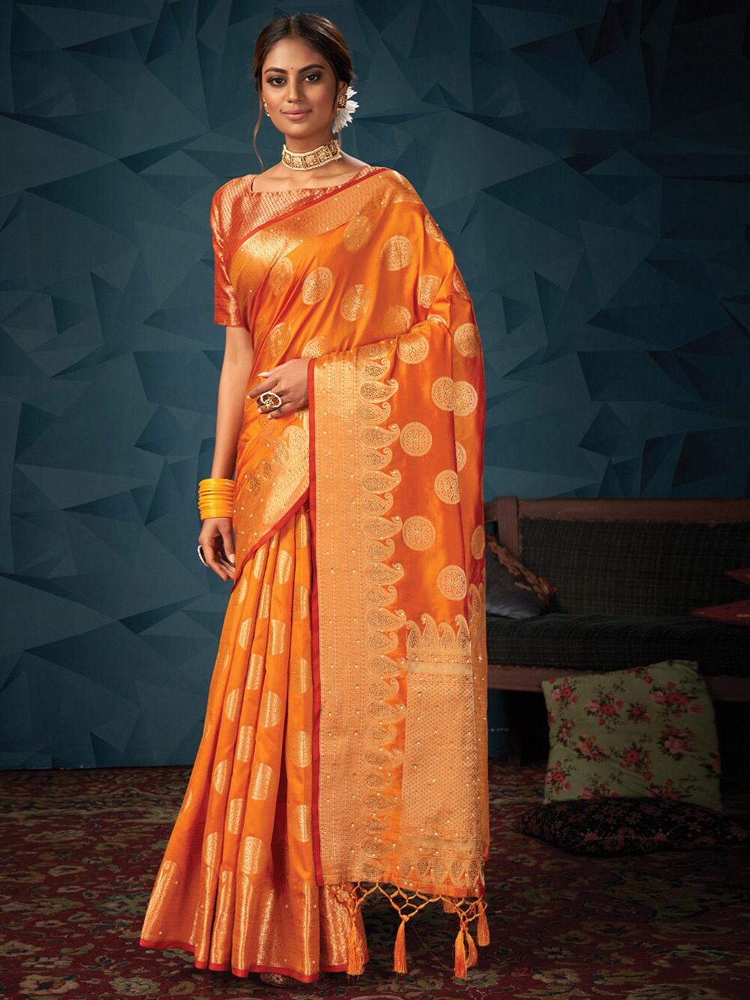 

SANGAM PRINTS Woven Design Zari Silk Blend Saree, Orange