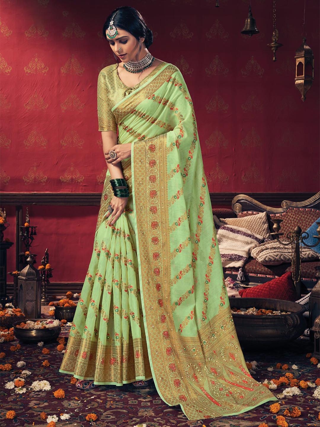 

SANGAM PRINTS Ethnic Motifs Cotton Zari Saree, Green