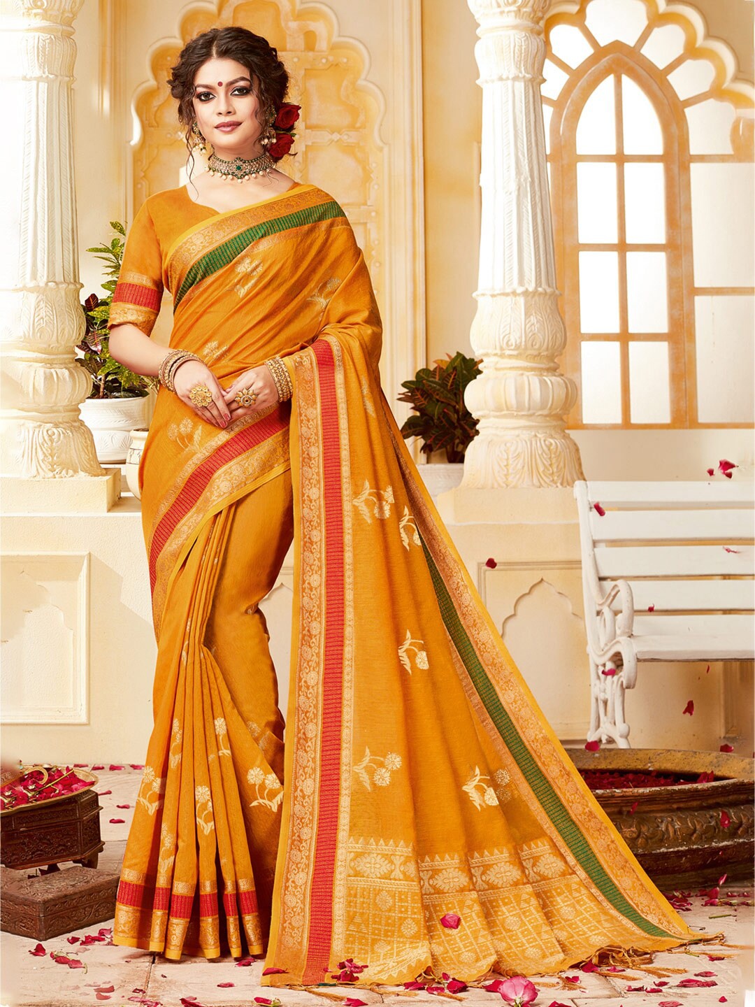 

SANGAM PRINTS Woven Design Zari Saree, Mustard