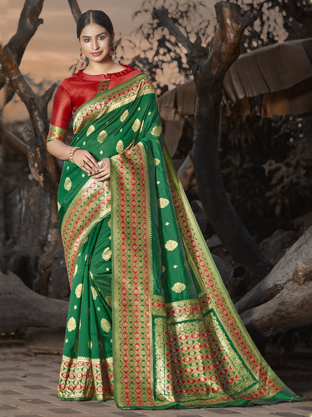 

SANGAM PRINTS Green & Gold-Toned Woven Design Zari Silk Blend Saree