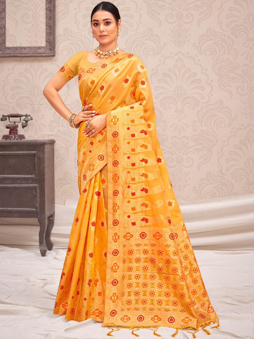 

SANGAM PRINTS Yellow & Red Woven Design Zari Silk Blend Saree