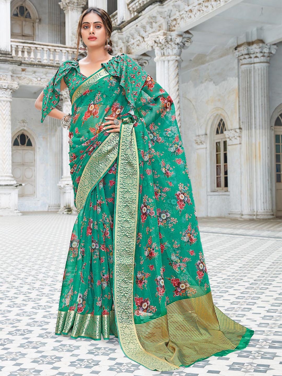 

SANGAM PRINTS Floral Organza Saree, Sea green