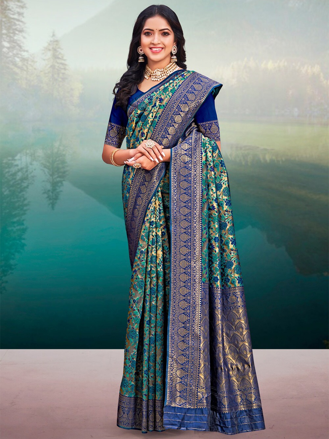 

SANGAM PRINTS Ethnic Motifs Silk Blend Saree, Blue