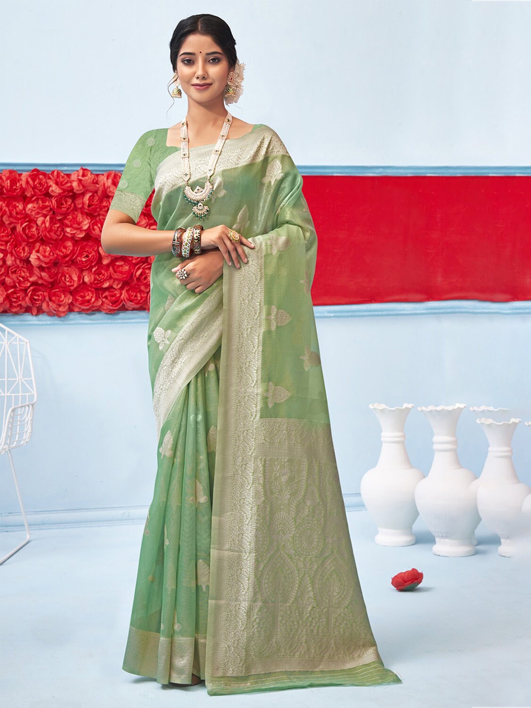 

SANGAM PRINTS Floral Zari Saree, Sea green