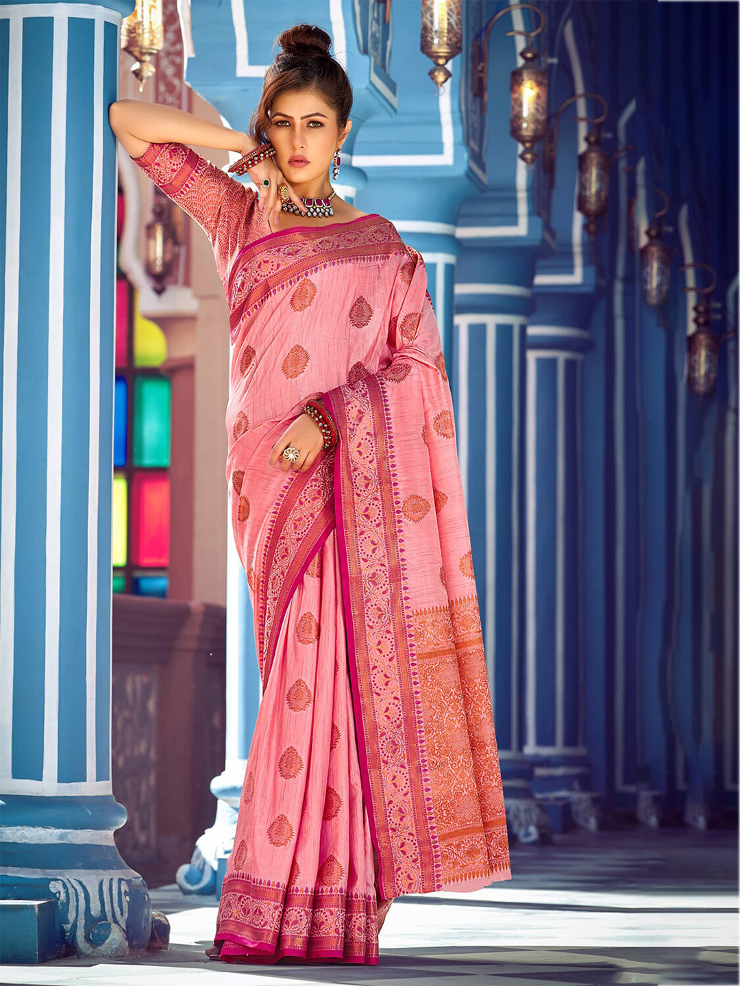 

SANGAM PRINTS Woven Design Saree, Pink