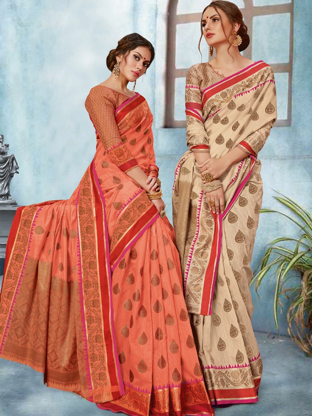 

SANGAM PRINTS Ethnic Motifs Zari Linen Blend Saree, Beige