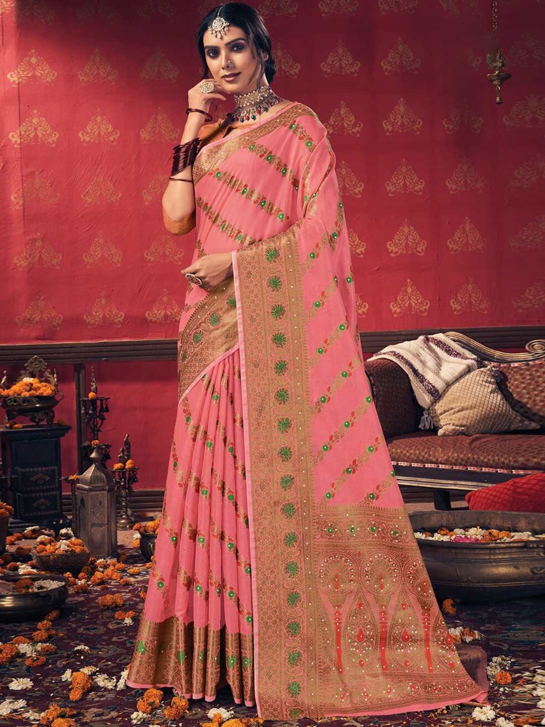 

SANGAM PRINTS Woven Design Zari Saree, Pink