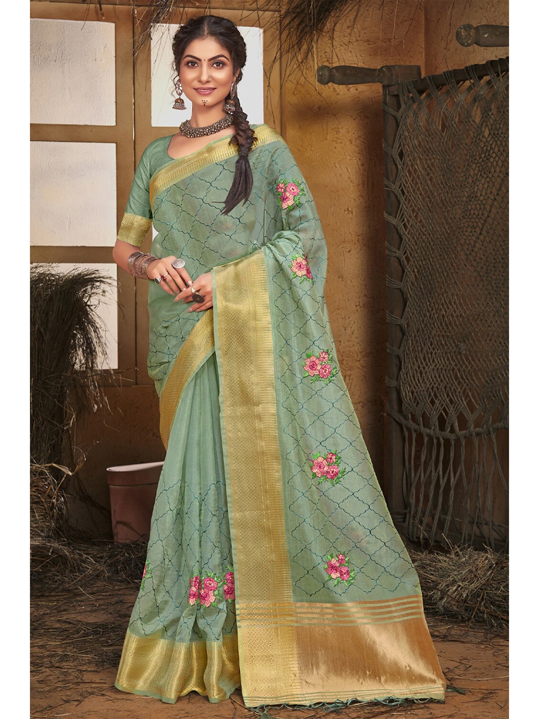 

SANGAM PRINTS Floral Woven Design Zari Organza Saree, Turquoise blue