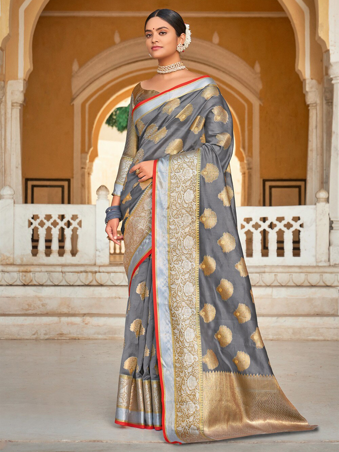 

SANGAM PRINTS Ethnic Motifs Zari Organza Saree, Grey