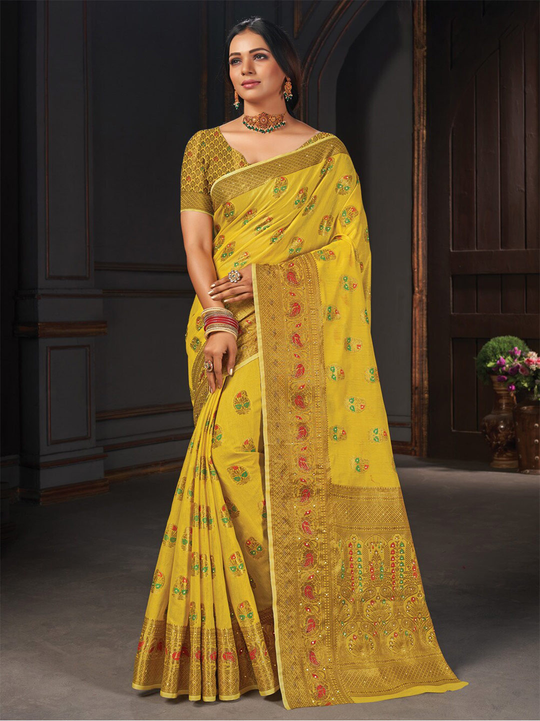 

SANGAM PRINTS Woven Design Beads and Stones Saree, Mustard