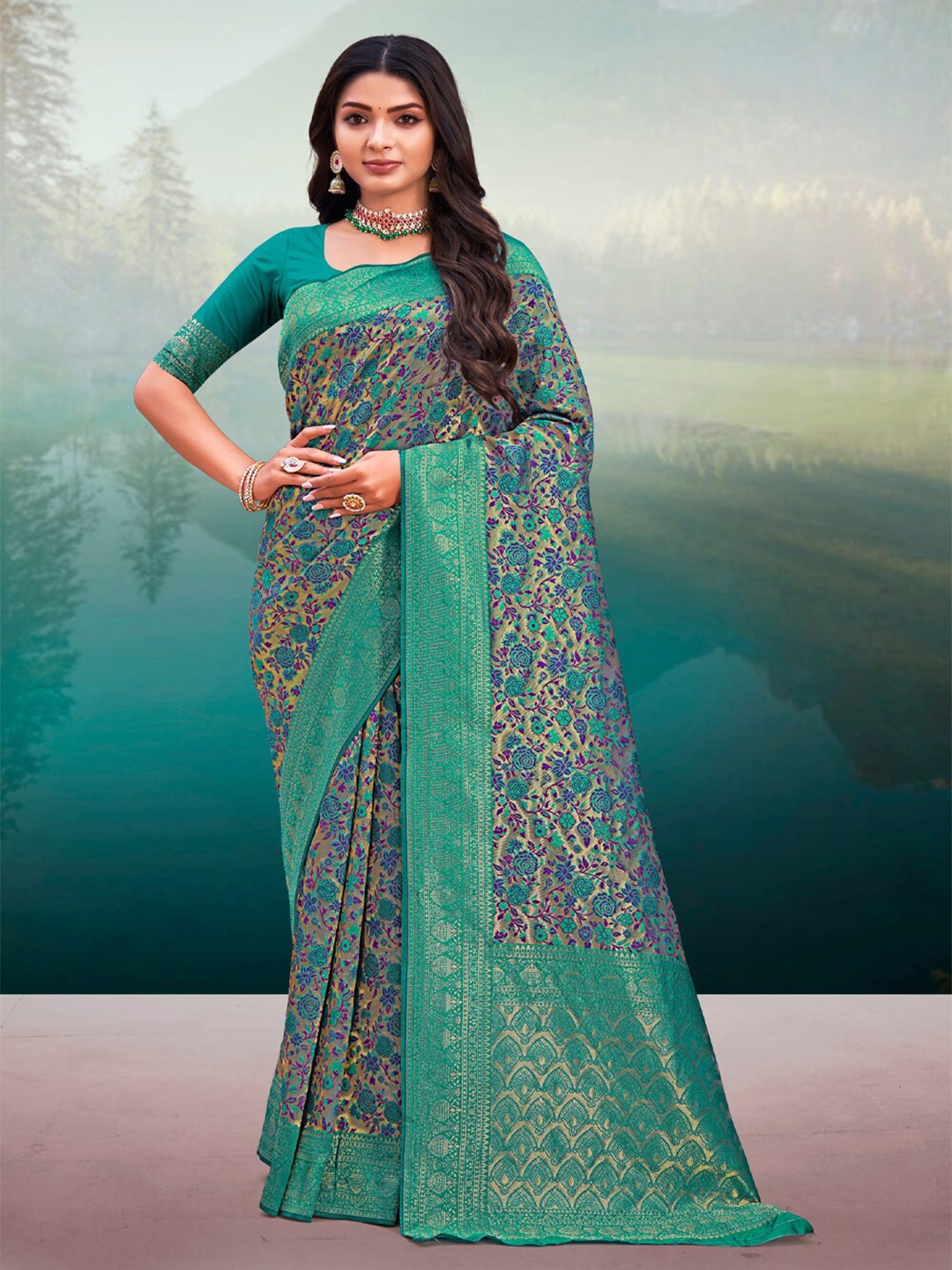 

SANGAM PRINTS Woven Design Zari Saree, Sea green