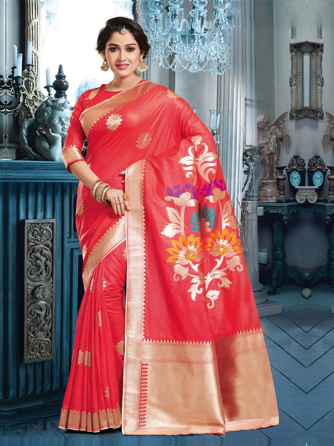 

SANGAM PRINTS Woven Design Zari Bordered Saree, Coral