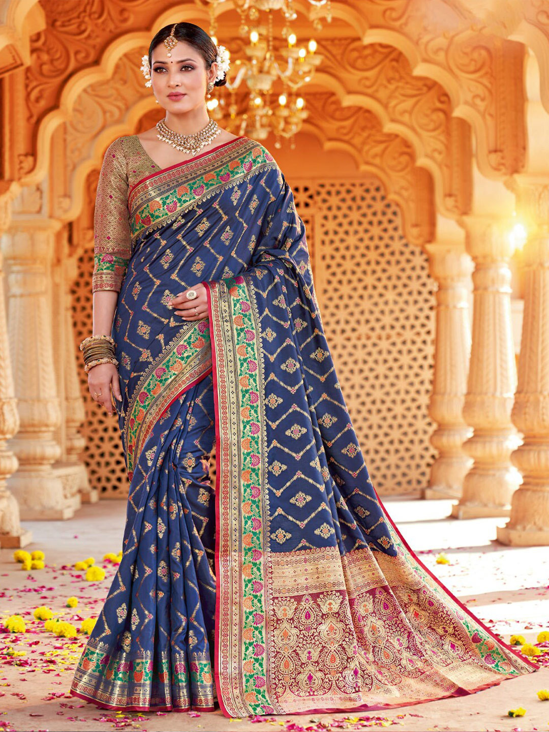 

SANGAM PRINTS Woven Design Zari Silk Blend Saree, Navy blue