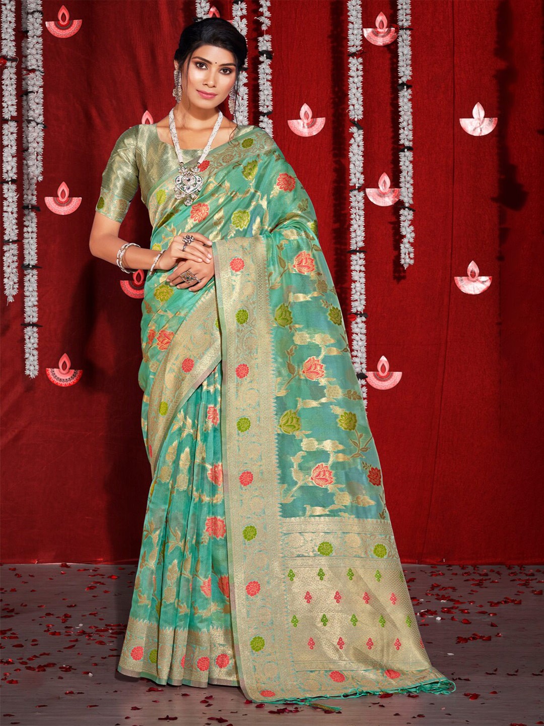 

SANGAM PRINTS Woven Design Zari Bordered Organza Saree, Sea green