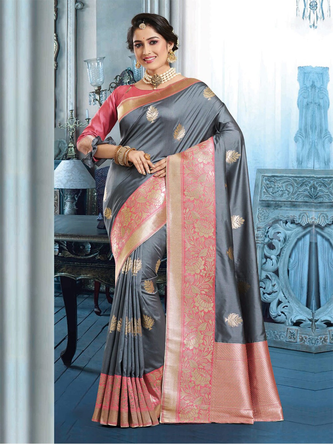 

SANGAM PRINTS Grey & Pink Woven Design Zari Silk Blend Saree