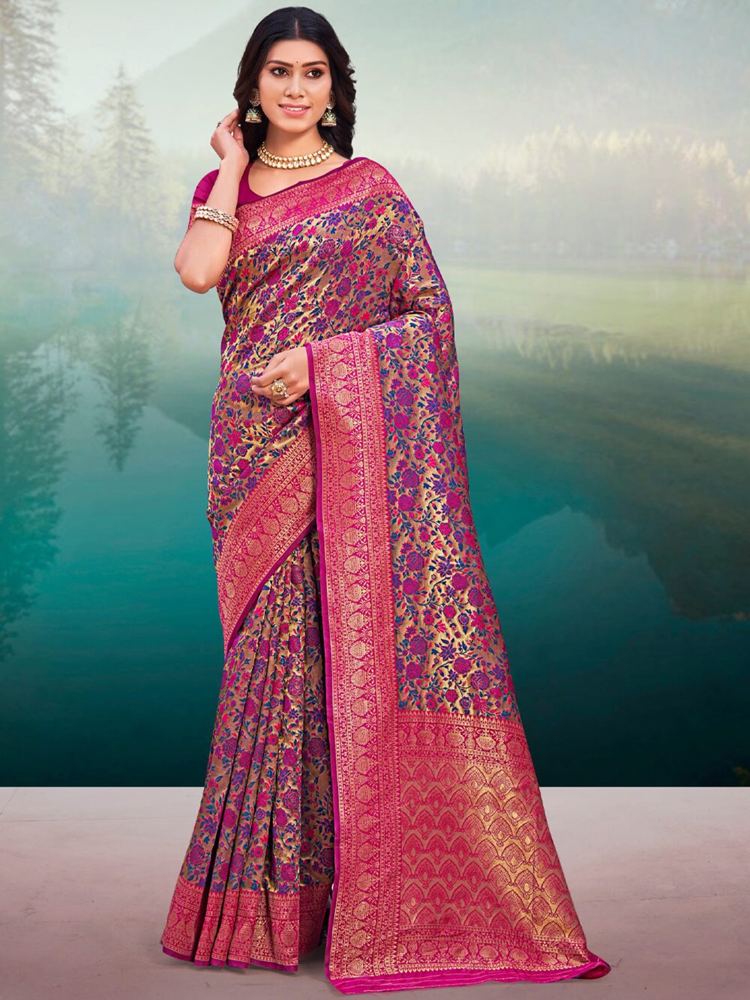 

SANGAM PRINTS Purple & Pink Woven Design Zari Silk Blend Saree