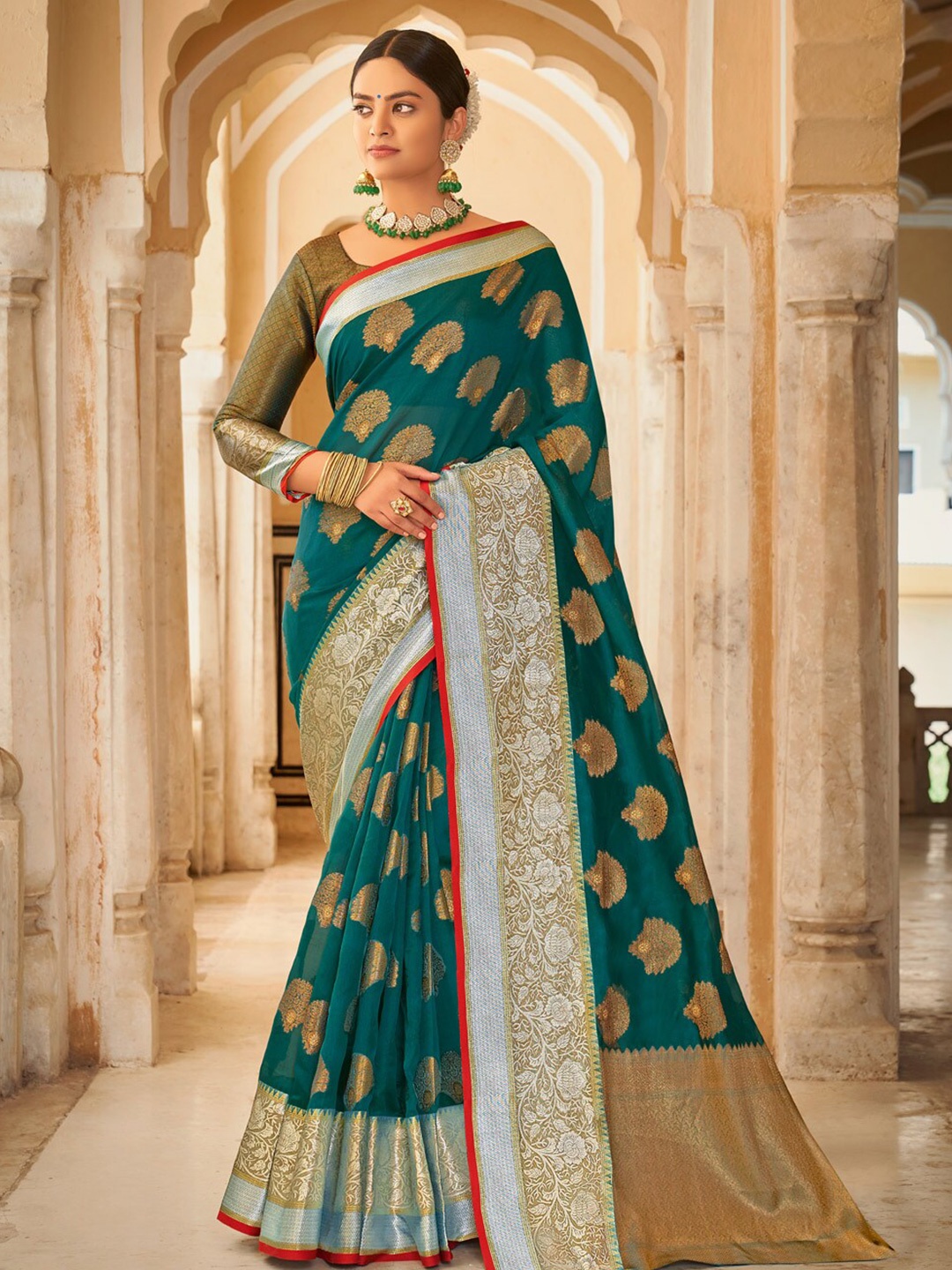 

SANGAM PRINTS Ethnic Motifs Zari Silk Blend Saree, Sea green
