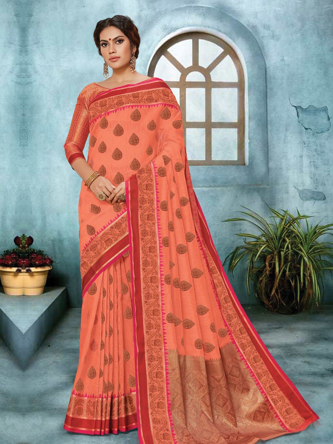 

SANGAM PRINTS Ethnic Motifs Zari Linen Blend Saree, Peach