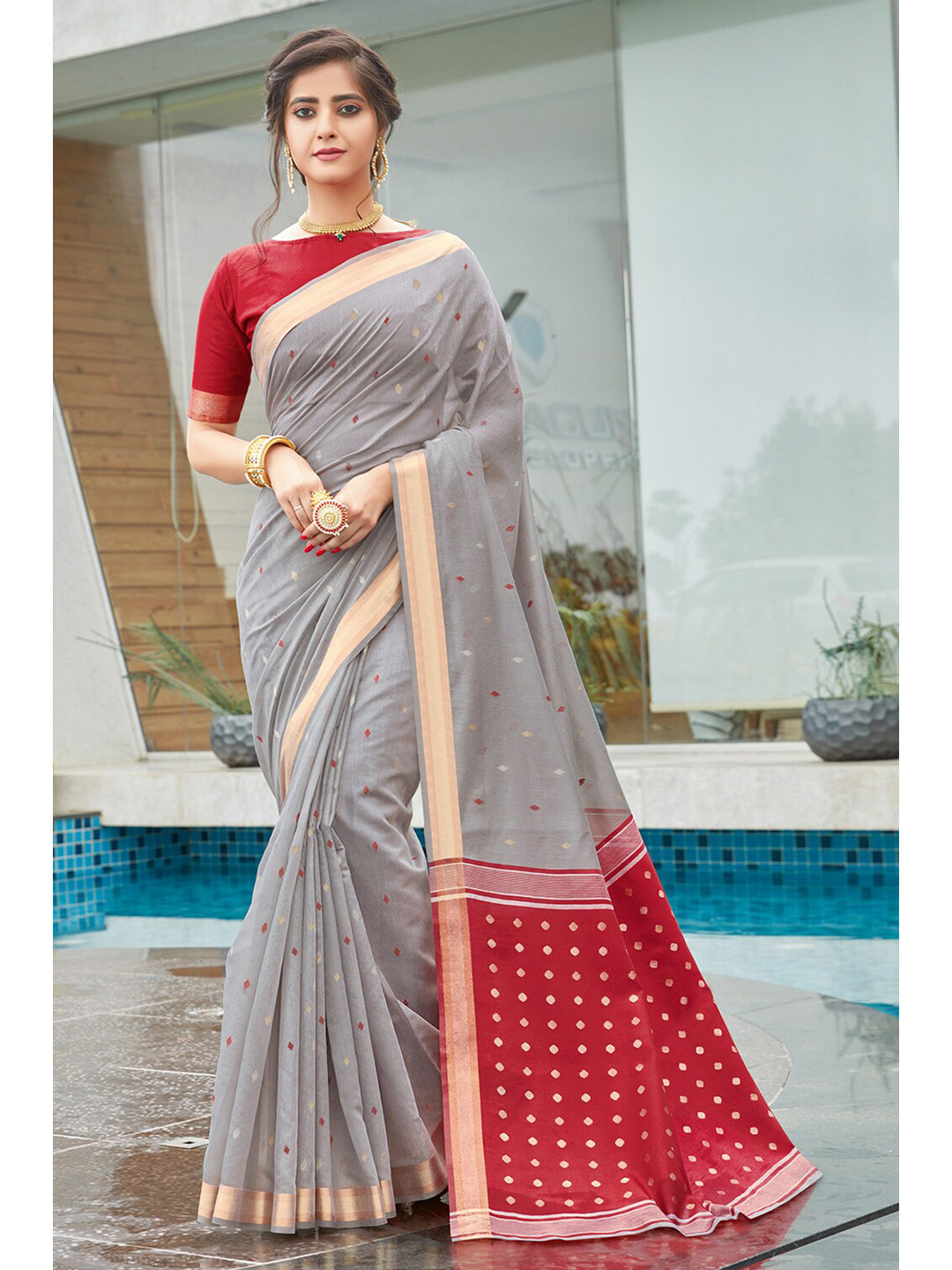 

SANGAM PRINTS Zari Saree, Grey