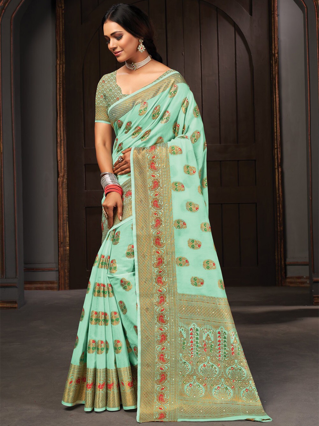

SANGAM PRINTS Woven Design Beads and Stones Saree, Sea green