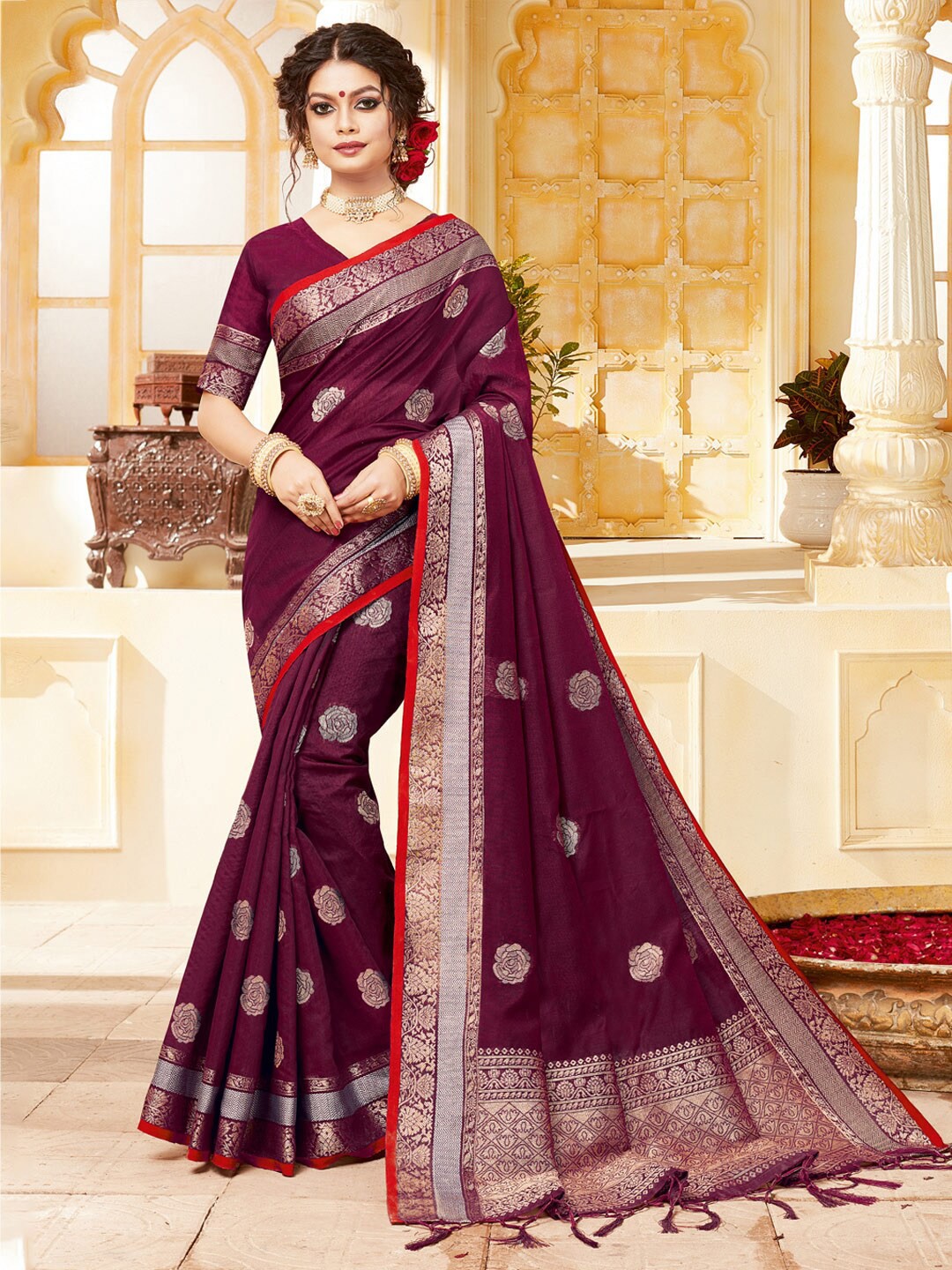 

SANGAM PRINTS Woven Design Zari Saree, Purple