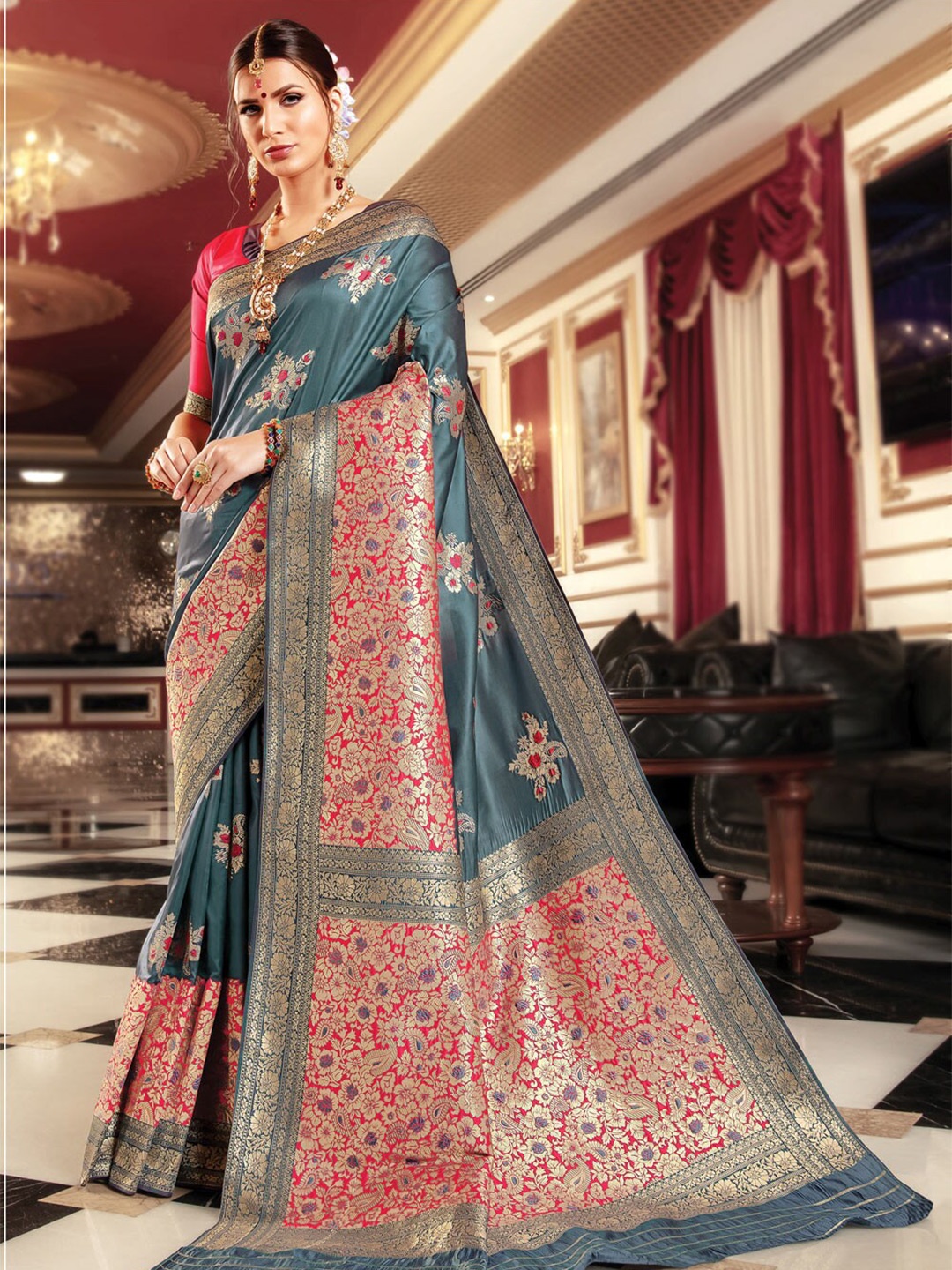 

SANGAM PRINTS Ethnic Motifs Zari Saree, Grey