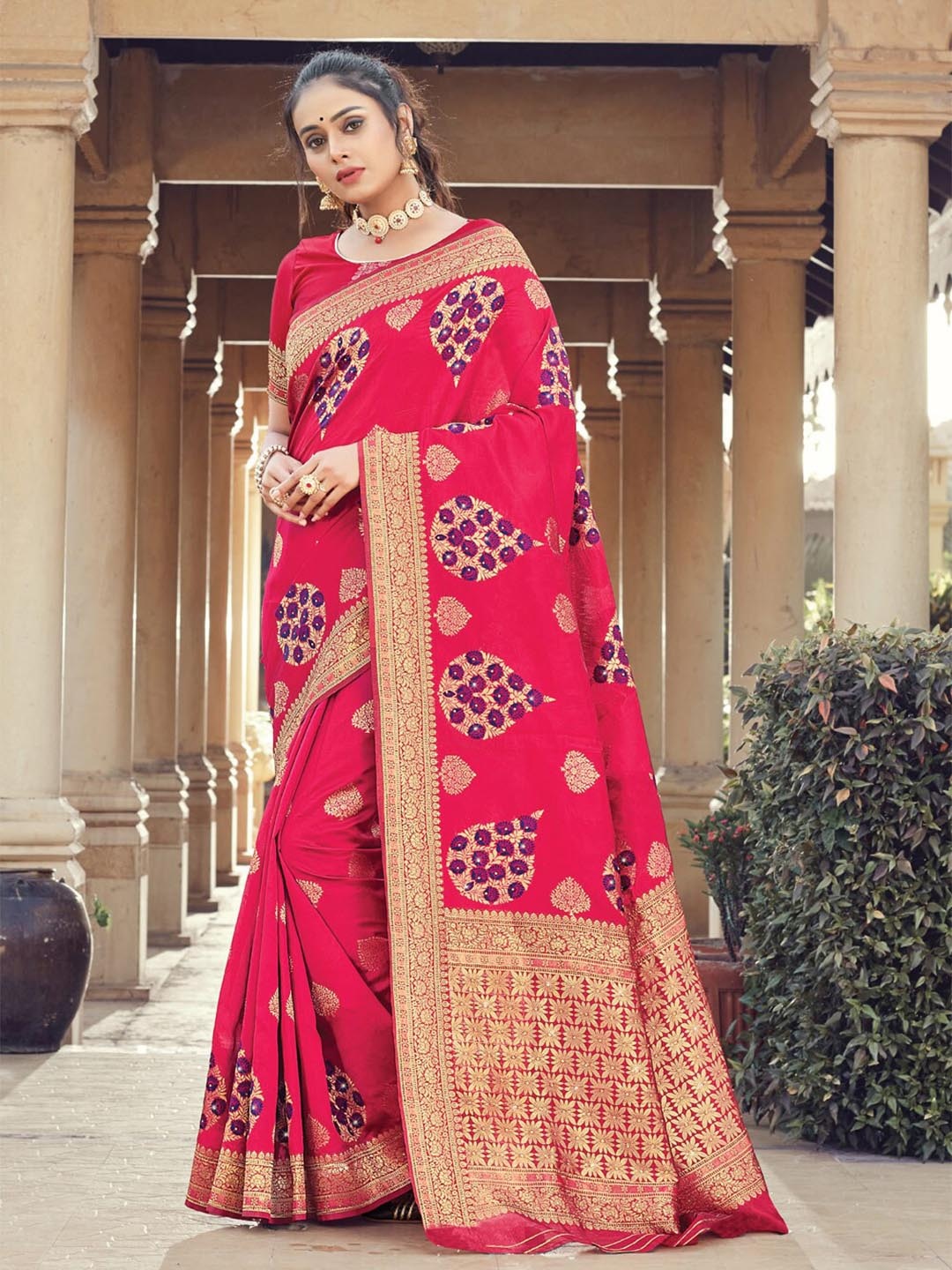 

SANGAM PRINTS Woven Design Saree, Pink